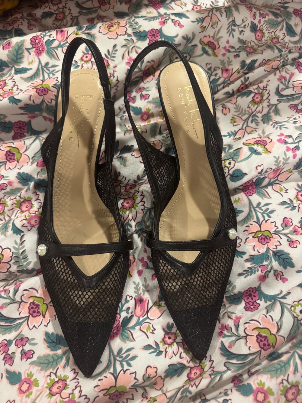 Nicole Miller Black Mesh Pointed Slingback Heels with Pearl Strap